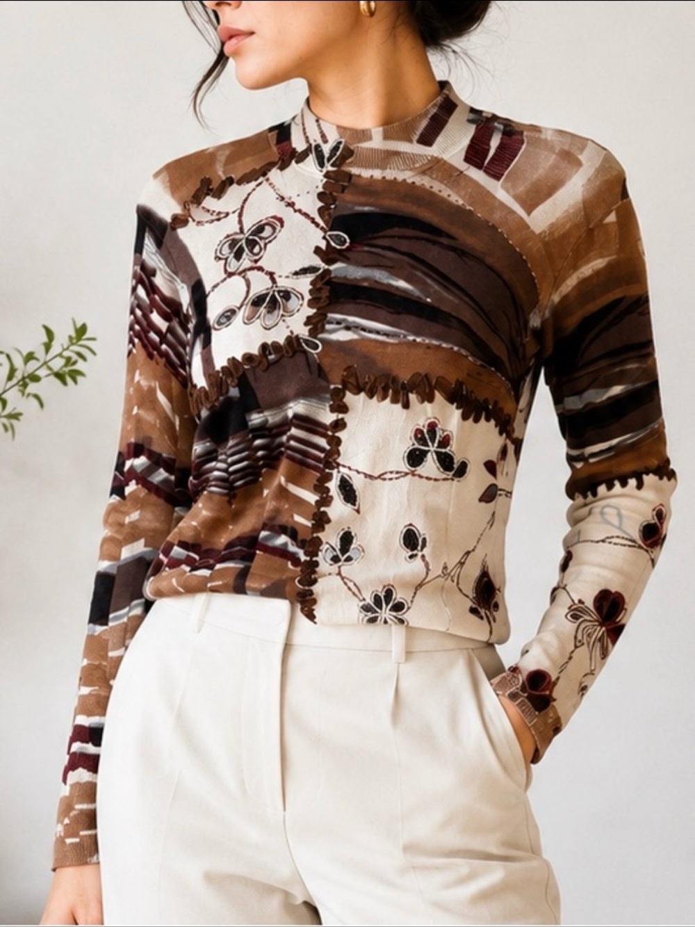 Alberto Makali Brown, Cream & Burgundy Patchwork Floral Knit Top